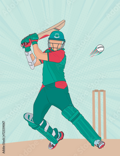 illustration of Bangladesh batsman playing cricket vector, Batsman In Playing Action On Abstract vector