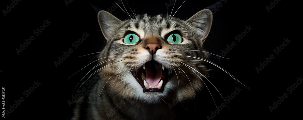 A cat with its mouth open is looking at the camera. Generated by artificial intelligence.