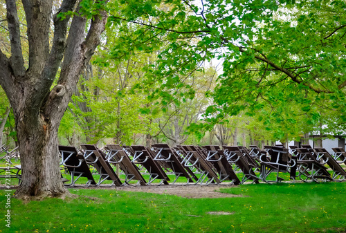 Picnic tables stacked over trees in the park