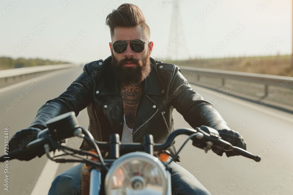 Portrait of a young man with a beard and a tattoo biker rides a motorcycle