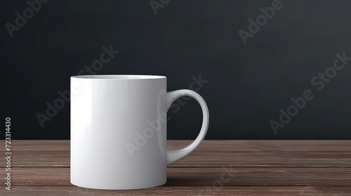 White mug on wooden table against black background. Mockup for design