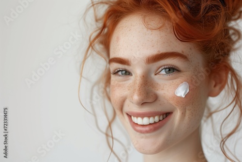 Portrait of beautiful young redhead woman with a drop of cream on the face