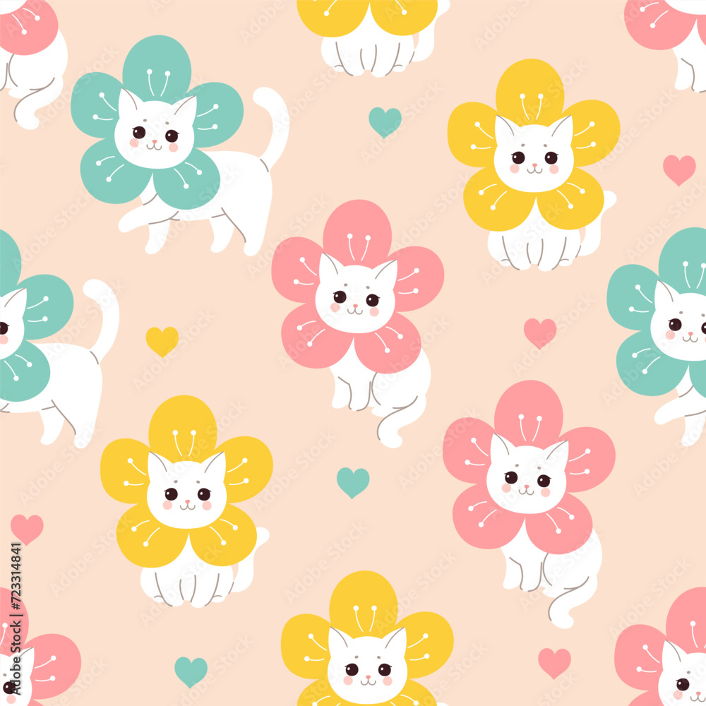 Seamless pattern with cute kawaii flower cats. Vector graphics.