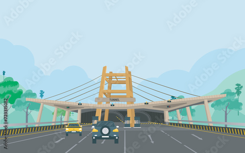 Bangabandhu Sheikh Mujib Tunnel in Bangladesh illustration, Road tunnel concept. Horizontal mountain landscape with entrance to the tunnel. Vector illustration in flat style

