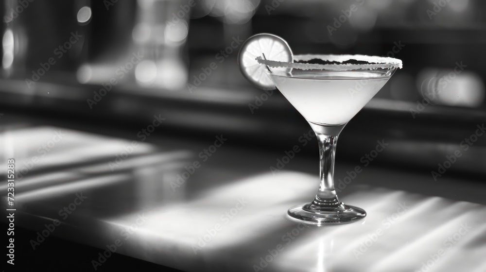  a black and white photo of a martini with a slice of lemon on the rim of the glass in front of a bar with a blurred background of liquor bottles.