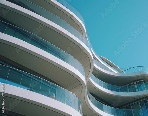 Contemporary building design Curved balcony undersides Fragment of a public or office structure Modular architectural elements Industrial or technological them