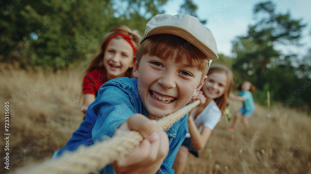 Group of kids playing tug of war. Group of kids playing tug of war.