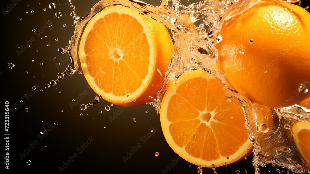Fresh oranges falling in juice Fresh oranges falling in juice