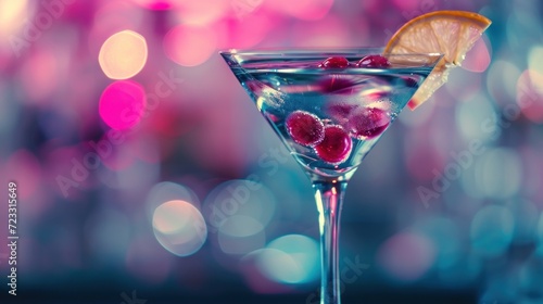  a close up of a martini glass with a slice of lemon and raspberries on the rim and a pink and blue boke of lights in the background.