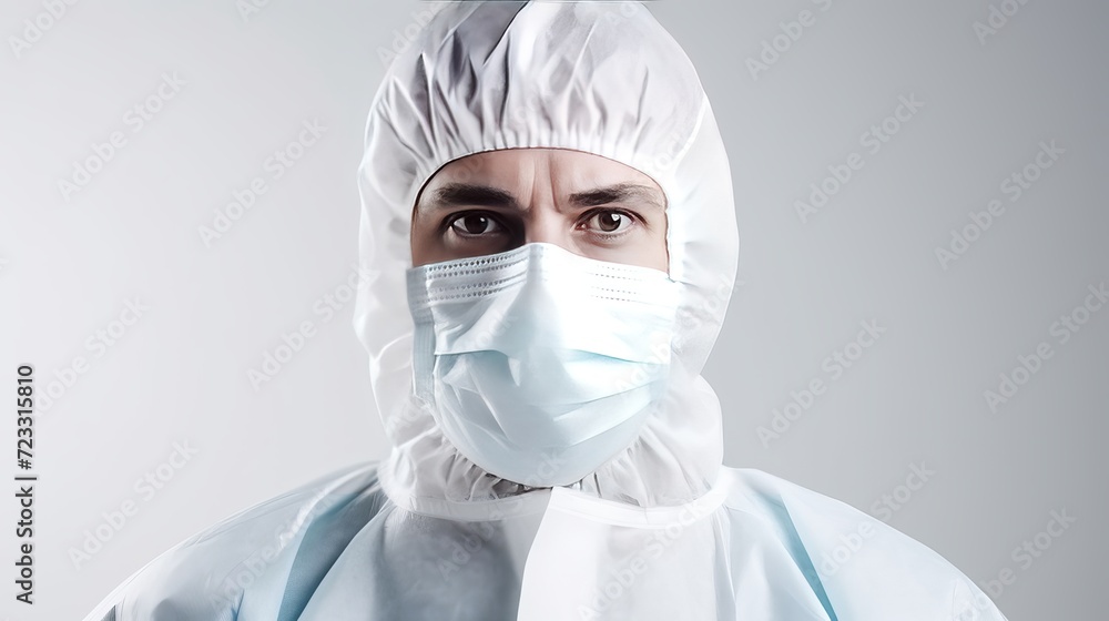 Front view male doctor in protective suit and with mask posing on white space Front view male doctor in protective suit and with mask posing on white space
