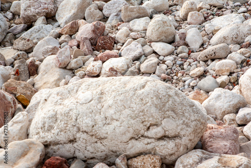 Background from large and small stones, close-up. Stone beach for publication, poster, calendar, post, screensaver, wallpaper, postcard, banner, cover, website. High quality photo