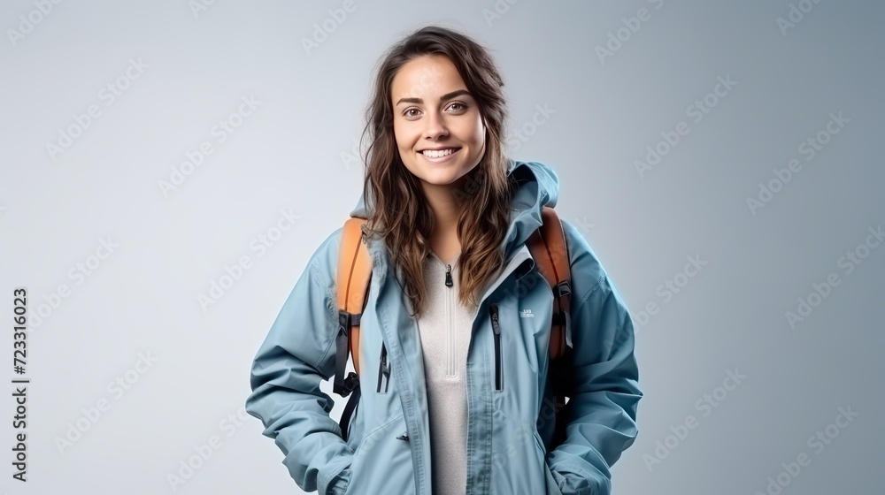 Front view young female in blue jacket getting ready for trip and smiling on blue space Front view young female in blue jacket getting ready for trip and smiling on blue space