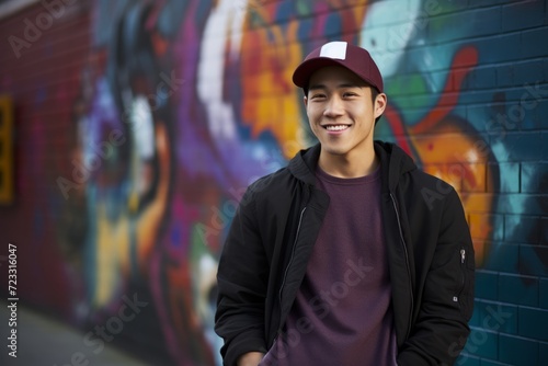 Young Asian university student in a baseball cap, deep in thought against a colorful graffiti backdrop