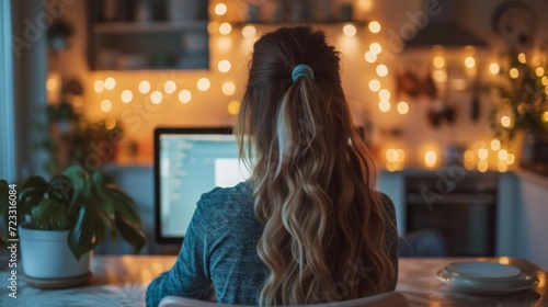 A young woman sits in dark blue pajamas and works on a computer at a table in the kitchen