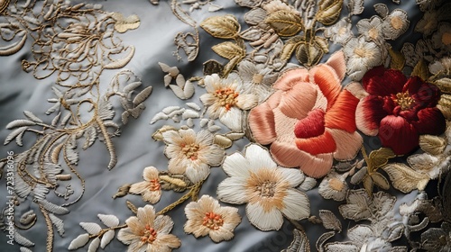 Intricate floral details and rich textures of vintage fabrics, such as lace, embroidery, or tapestries, highlighting their timeless elegance © Cloudspit