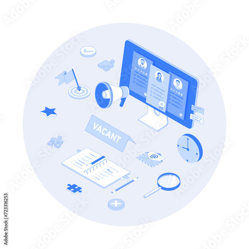 Recruitment Process. Human Resource Management and Hiring concept. Choosing the best candidate, search for a new employee. Vector outline illustration with isometry scene for web graphic