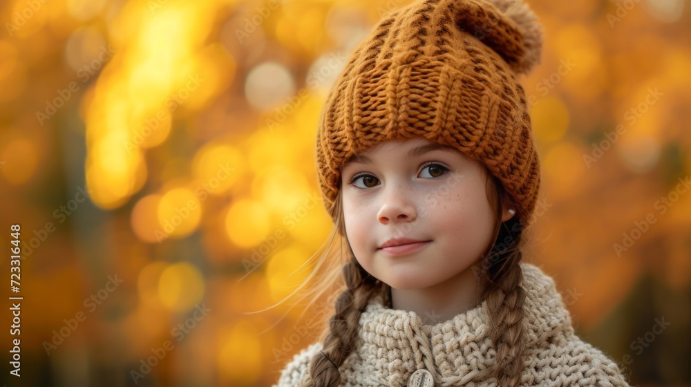 A young girl with chestnut hair wearing a cozy knit hat strolls through the park during autumn A young girl with chestnut hair wearing a cozy knit hat strolls through the park during autumn