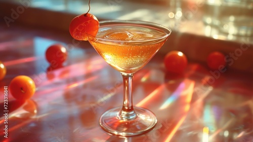  a close up of a drink in a glass with a cherry on the side of the glass and cherries on the side of the glass table in the background.