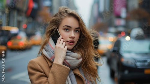 A young woman walks along a city street and calls on the phone while looking ...
