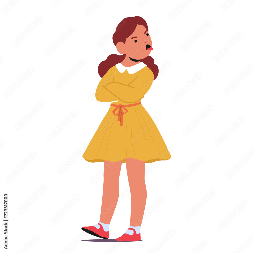 Upset Child Girl Character Expresses Displeasure, Pouting With A Protruding Tongue, Reflecting Frustration Or Annoyance Upset Child Girl Character Expresses Displeasure, Pouting With A Protruding Tongue, Reflecting Frustration Or Annoyance