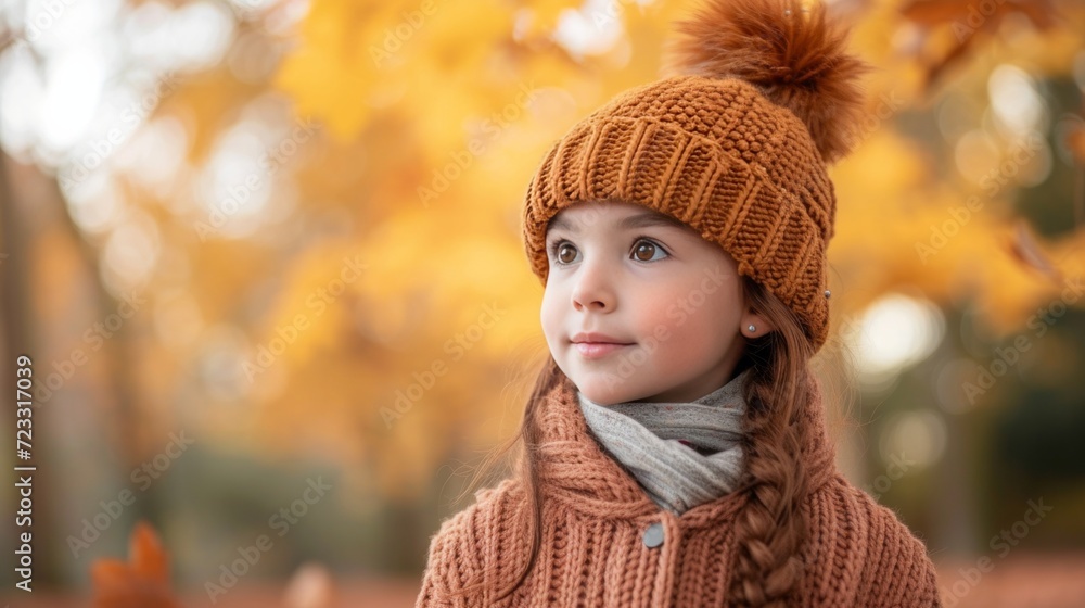 A young girl with chestnut hair wearing a cozy knit hat strolls through the park during autumn A young girl with chestnut hair wearing a cozy knit hat strolls through the park during autumn