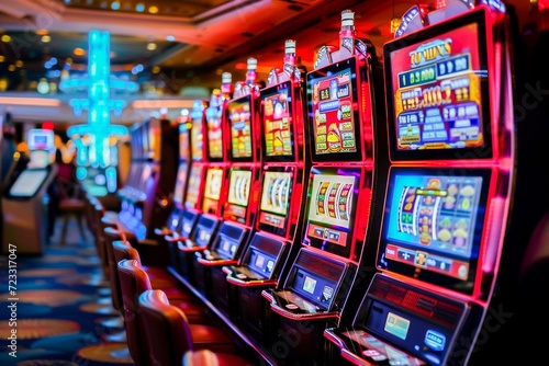 Bright and colorful slot machines lined up on a casino floor, inviting players to try their luck at winning big.
