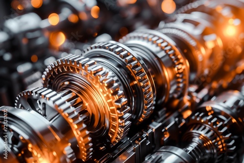 Close-up of precision machinery gears, showcasing complexity and industrial engineering design with a metallic sheen.