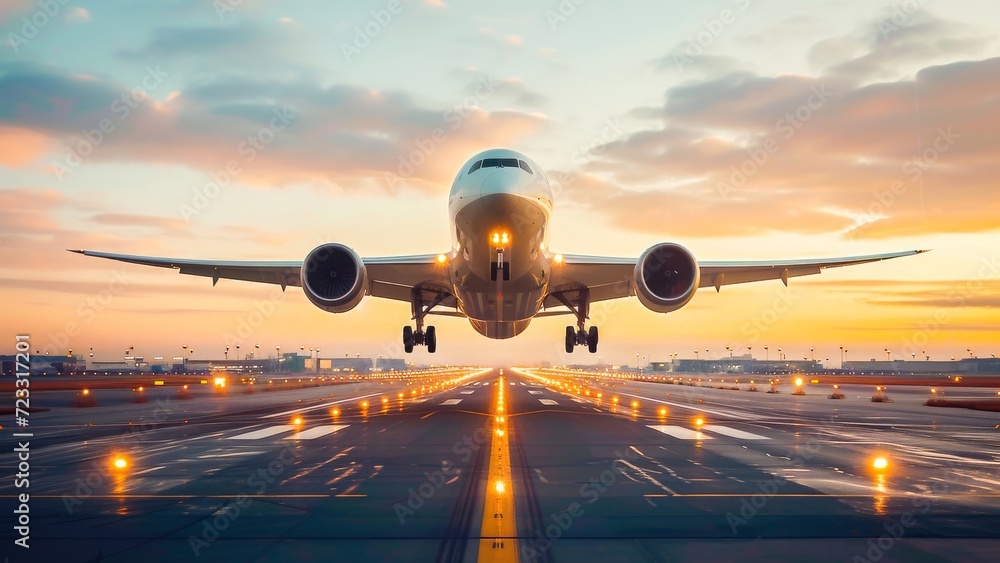 Commercial airplane taking off from the runway at sunset with glowing lights and a clear sky. Commercial airplane taking off from the runway at sunset with glowing lights and a clear sky.