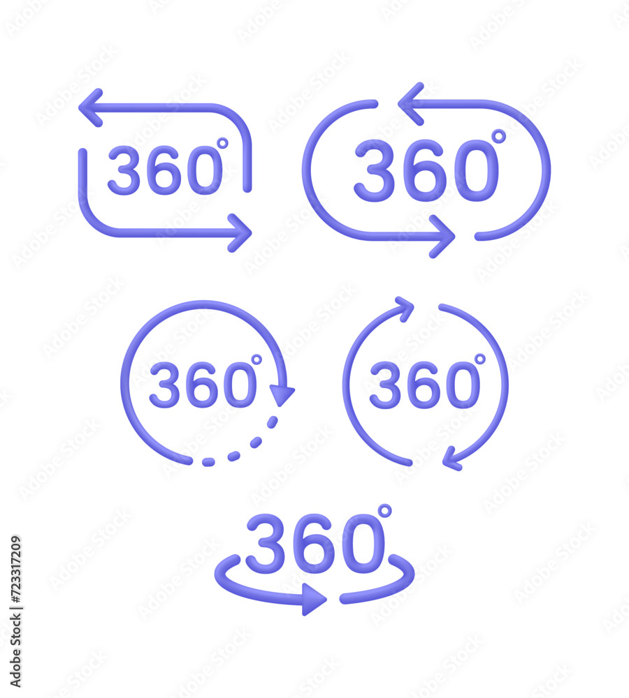3D Set of 360 icons. 360 degree view symbol. Panoramas and 360 degrees rotating. Virtual reality concept 3D Set of 360 icons. 360 degree view symbol. Panoramas and 360 degrees rotating. Virtual reality concept