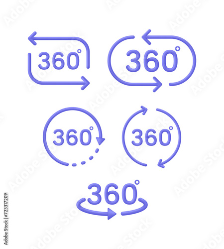 3D Set of 360 icons. 360 degree view symbol. Panoramas and 360 degrees rotating. Virtual reality concept