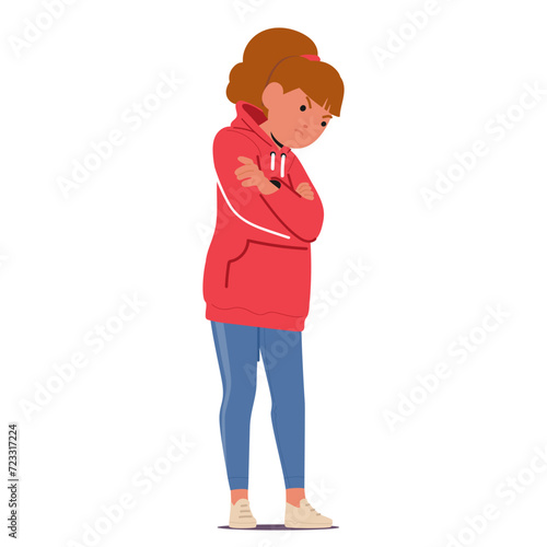 Angry Child, Brows Furrowed, Lips Quivering, Arms Crossed, Exhibits Hurt Feelings. Girl Character Offended And Upset