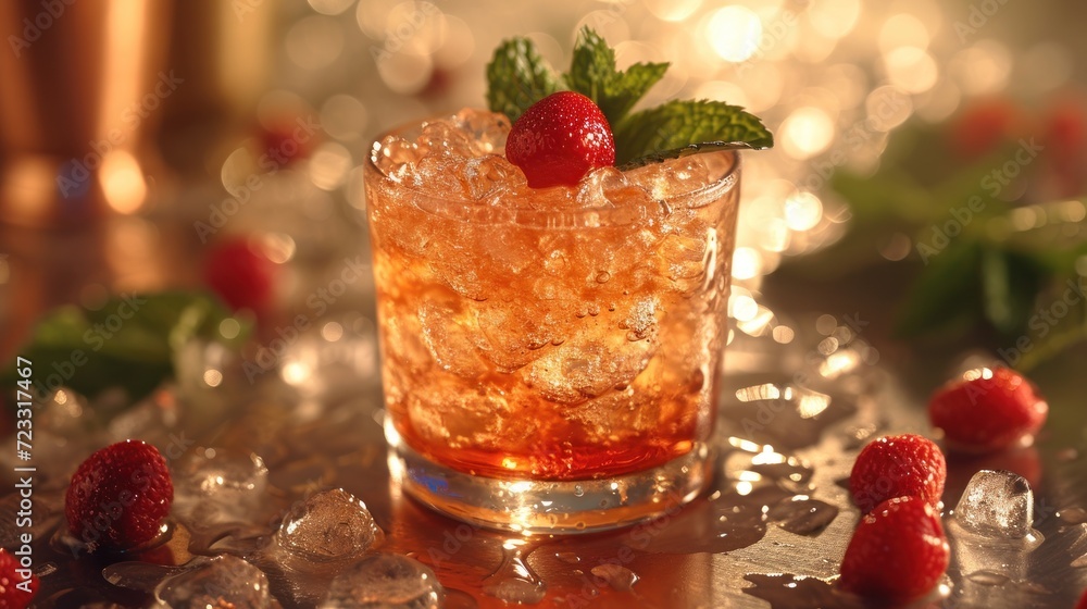 a close up of a drink on a table with ice and raspberries on the side of the glass and on top of the table are ice cubes. a close up of a drink on a table with ice and raspberries on the side of the glass and on top of the table are ice cubes.