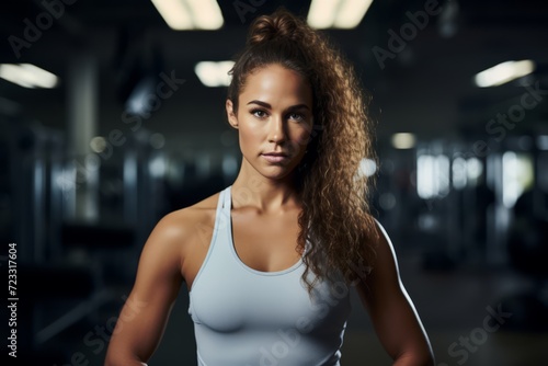 The Face of Strength: A Sweaty Female Athlete Post-Workout in a Contemporary Gym Setting © aicandy