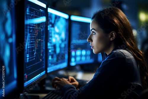 A Focused Female Software Developer Engrossed in Solving Complex Coding Challenges in a High-Tech Workspace