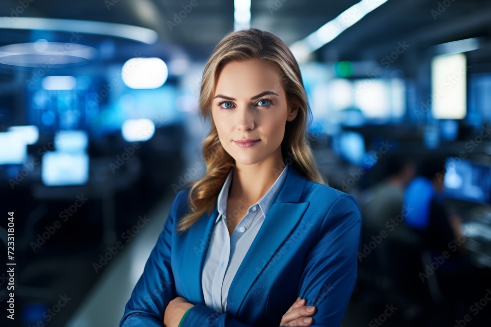 Fototapeta premium Focused Female Defense Technology Scientist Immersed in Her Research in a Futuristic Lab