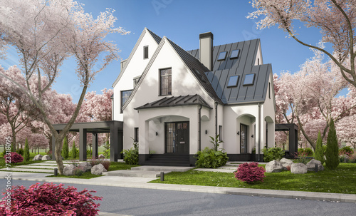 Canvas Print 3d rendering of cute cozy white and black modern Tudor style house with parking  and pool for sale or rent