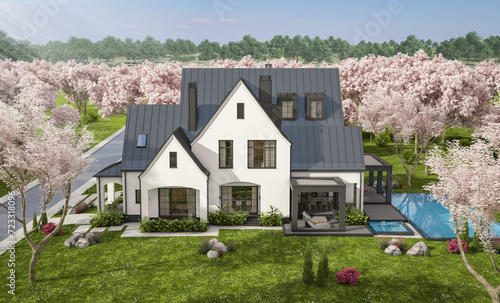 Photography 3d rendering of cute cozy white and black modern Tudor style house with parking  and pool for sale or rent