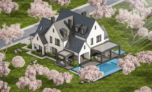 Photography 3d rendering of cute cozy white and black modern Tudor style house with parking  and pool for sale or rent
