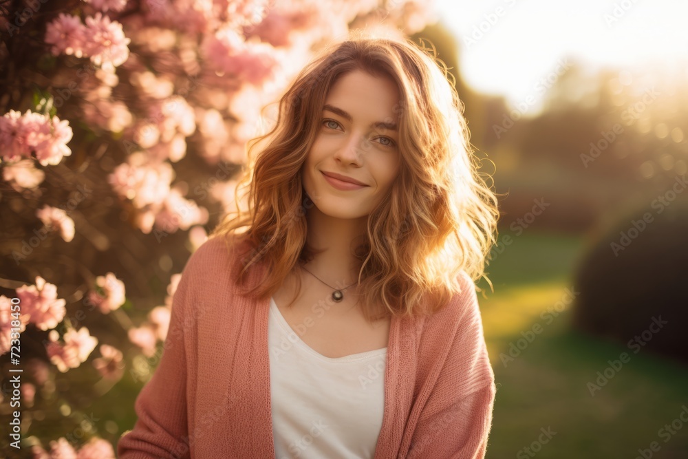 A stylish woman in a pastel pink sweater, basking in the sun's warmth in a verdant park setting A stylish woman in a pastel pink sweater, basking in the sun's warmth in a verdant park setting