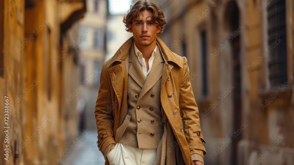  a man in a trench coat is walking down the street with a suitcase in his hand and a suitcase in his other hand and a suitcase in his other hand.