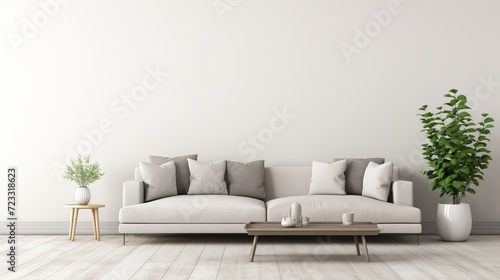 Gray sofa in white living room with blank table for mock up