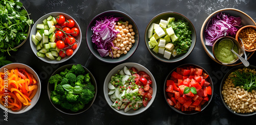 A variety of healthy foods, including different types of vegetables, are grouped together in bowls on a black table.