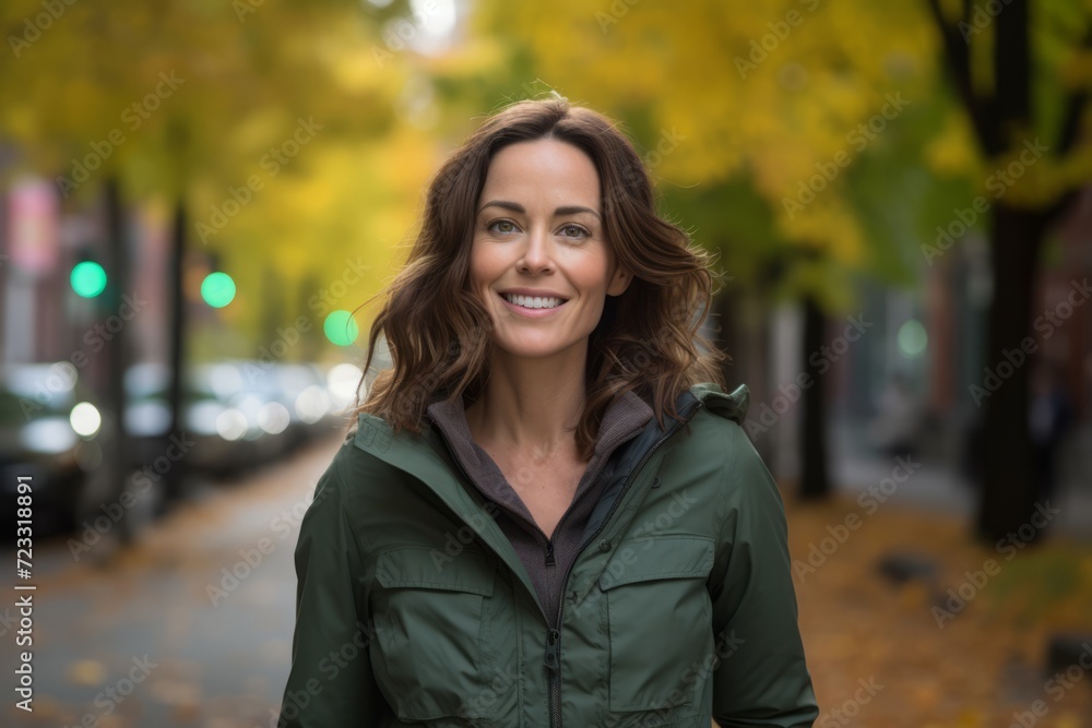 Stylish woman in a green lightweight jacket strolling through a lively city street surrounded by autumn colors Stylish woman in a green lightweight jacket strolling through a lively city street surrounded by autumn colors