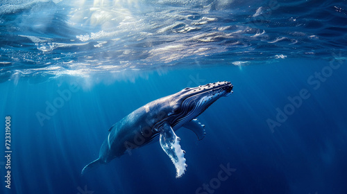 World oceans day. A Humpback Whale in Blue Water.