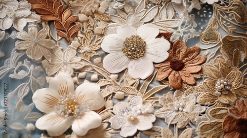 Intricate floral details and rich textures of vintage fabrics, such as lace, embroidery, or tapestries, highlighting their timeless elegance © Cloudspit