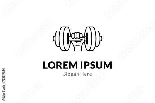 fitness gym vector design logo hand lifting steel dumbbell isolated on white background.