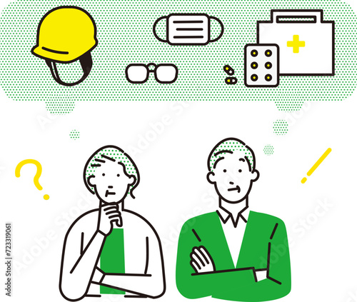 防災のこと考える老夫婦ーベクターアイコンセットイラスト素材