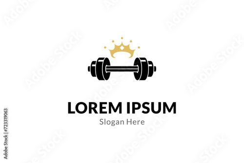 Gym fitness logo design with barbell icon and crown combination. Fitness and bodybuilding club logo template.