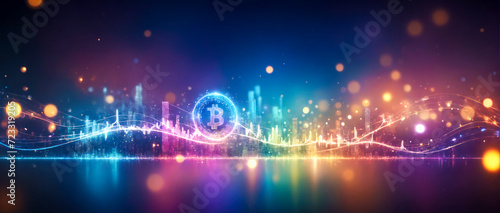 Background with indistinct bokeh  featuring abstract bitcoin symbols related to financial technology and dynamic streaks of technology