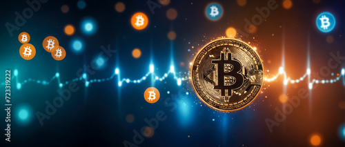 Background with indistinct bokeh, featuring abstract bitcoin symbols related to financial technology and dynamic streaks of technology